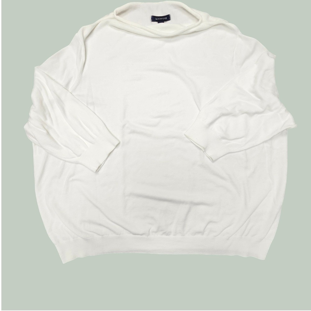 Lands End Womens 3X White Mock Neck 3/4 Sleeve Cotton Blend Knit Sweater Top
